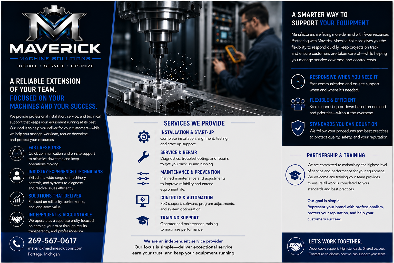Maverick Machine Solutions metallic M and gear logo. Install, Service, Optimize.